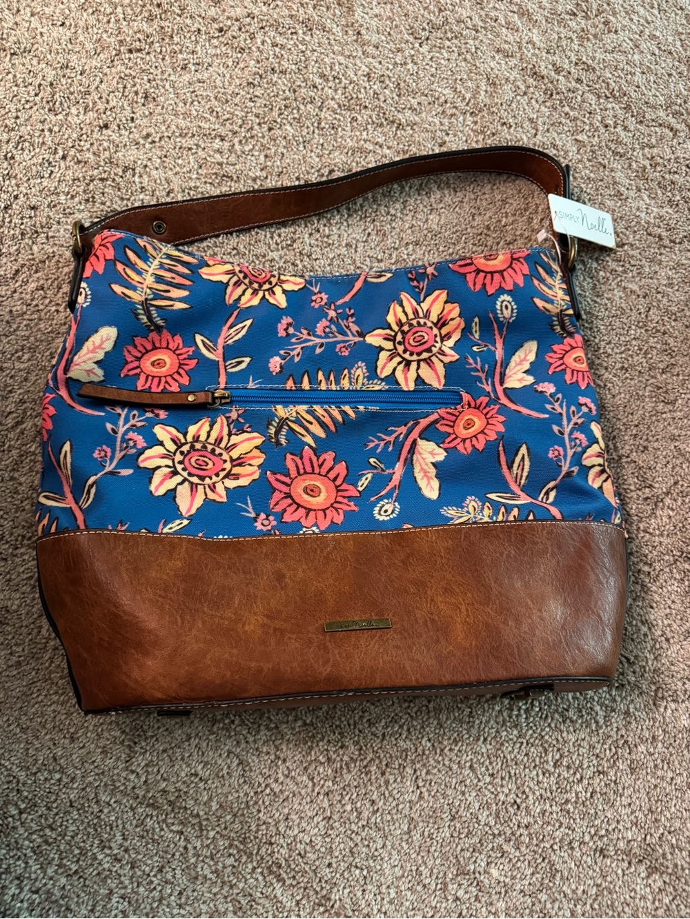 Blue Floral Hobo Bag with Brown Trim